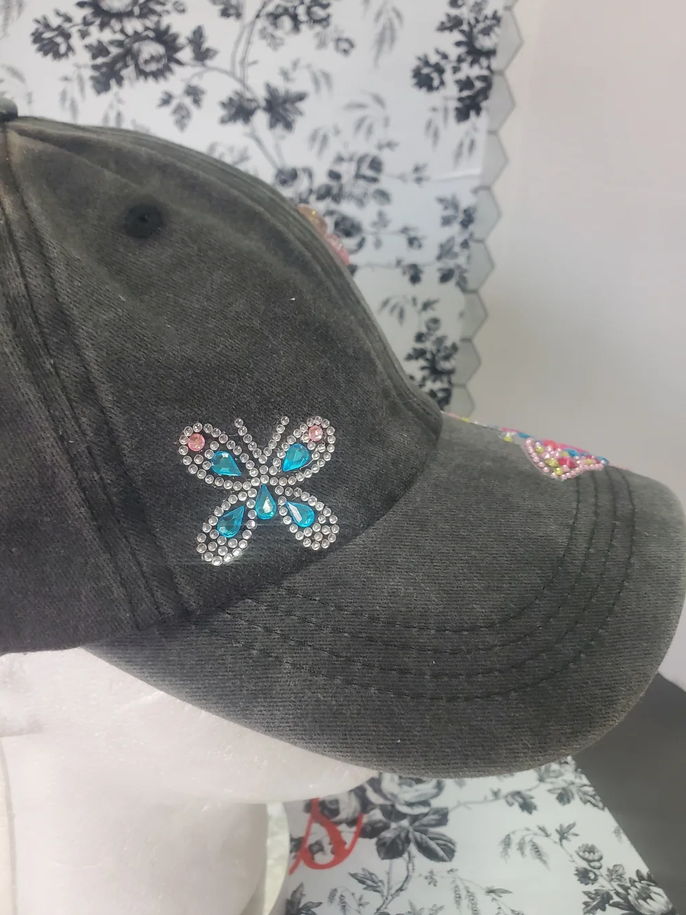 Hand Crafted Black Hat with Pink & Blue Jeweled Butterflies